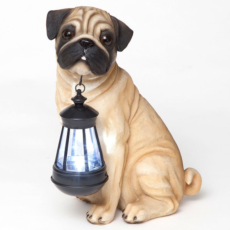 Bits and Pieces - Fawn Pug Solar Lantern Statue - Solar Powered Garden Lantern - Resin Dog Sculpture with LED Light - Outdoor Lighting and DÃ©cor - Image 1